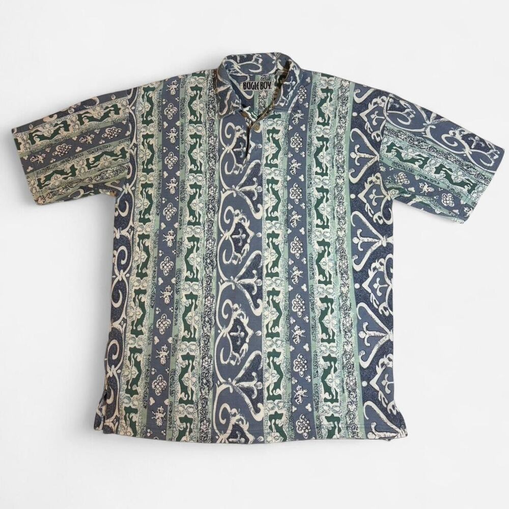 Vintage Bugle Boy polo Blue green button up collar Hawaiian shirt Polo shirt